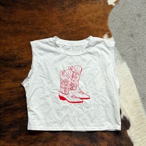 White Sleeveless Top with Red Boot Print